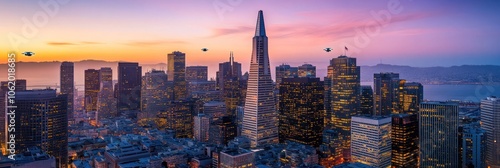 San Francisco cityscape at sunset with iconic skyscrapers and a view of the bay.