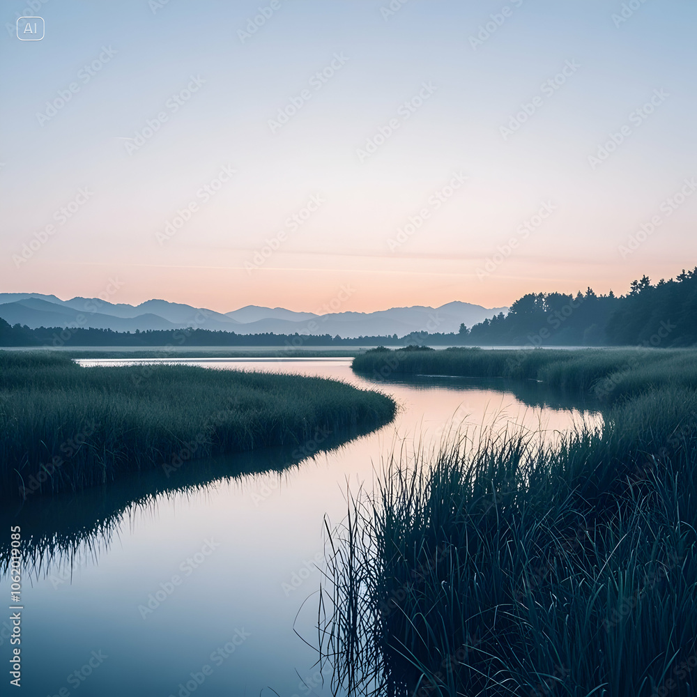 A serene landscape during what appears to be dawn or dusk A serene landscape during what appears to be dawn or dusk