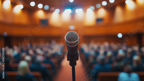 mic on the stage. Speaker at Business Conferences and Presentations.	