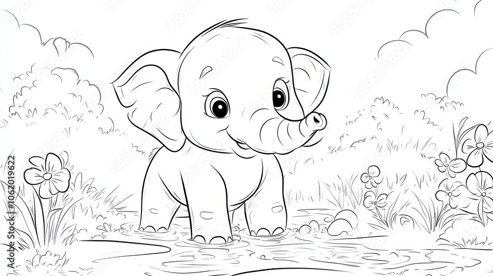 A Cute Cartoon Baby Elephant Wading in a Puddle. Coloring book illustration. A Cute Cartoon Baby Elephant Wading in a Puddle. Coloring book illustration.