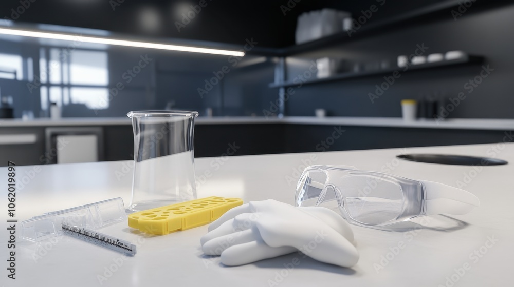 Detailed view of lab gloves, safety goggles, and a face mask on a lab countertop, emphasizing lab safety in 3D realism Detailed view of lab gloves, safety goggles, and a face mask on a lab countertop, emphasizing lab safety in 3D realism