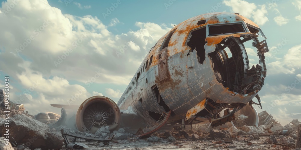 Plane crash, debris on the ground, Generative AI. Plane crash, debris on the ground, Generative AI.