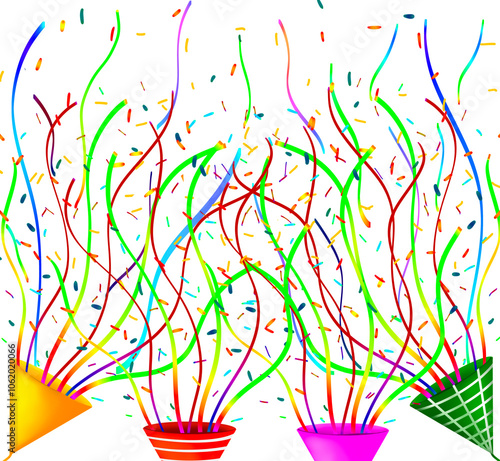 Pink, red, green and yellow party cone poppers explode with confetti and ribbons / streamers  that shoot upwards is isolated background 