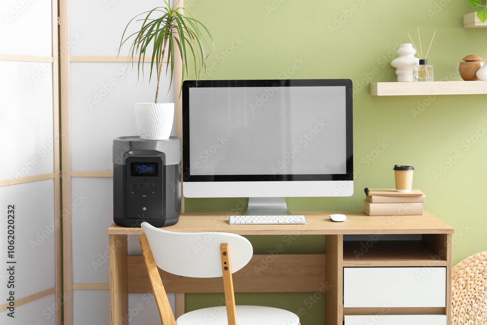 Interior of office with workplace, portable power station and folding screen Interior of office with workplace, portable power station and folding screen
