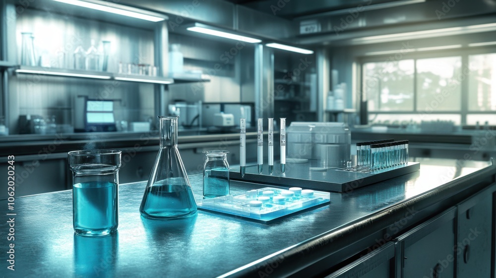 Fototapeta premium Detailed volumetric pipette setup with graduated cylinder and flasks on a stainless lab counter, realistic lighting