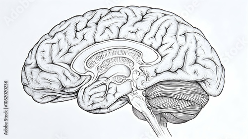 Detailed anatomical illustration of the human brain, showcasing the cerebrum, cerebellum, brain stem, and ventricles.