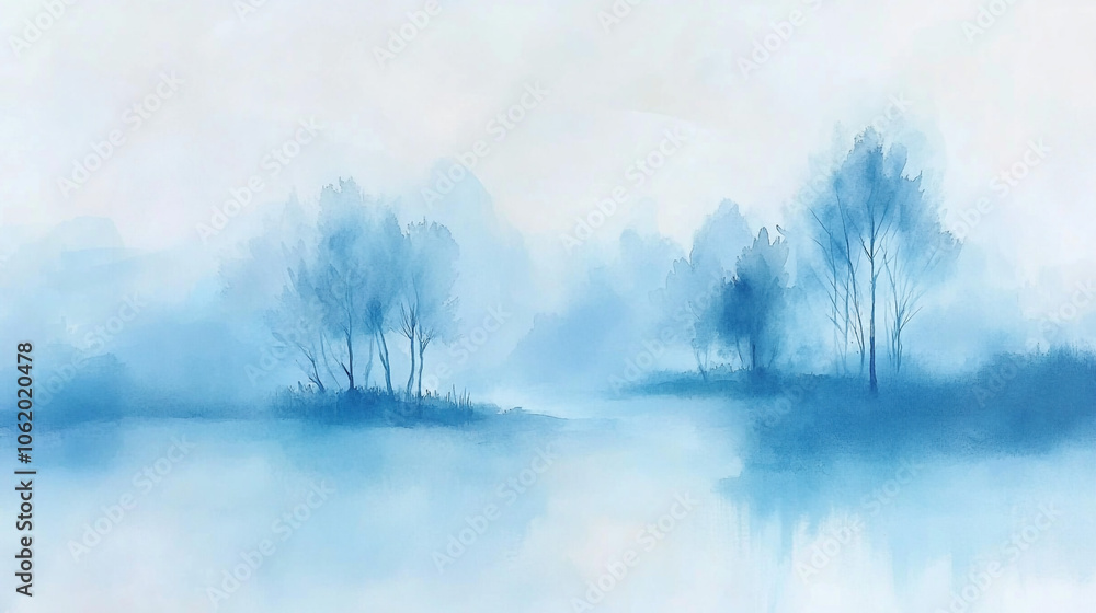 Fototapeta premium Watercolor Painting of a Misty Forest Landscape with Trees and a River