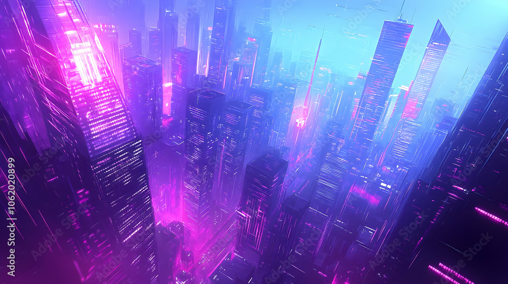 Futuristic cityscape with glowing neon lights and a hazy atmosphere. Futuristic cityscape with glowing neon lights and a hazy atmosphere.