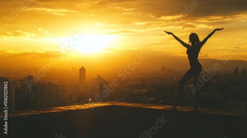 Silhouette of a woman on a rooftop with a cityscape in the background and the sun setting.