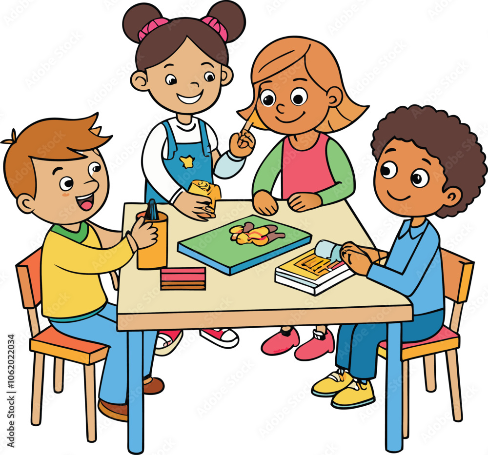 Aventuras en el aula niños de dibujos animados aprendiendo y jugando en fondo blanco ilustración vectorial Aventuras en el aula niños de dibujos animados aprendiendo y jugando en fondo blanco ilustración vectorial
