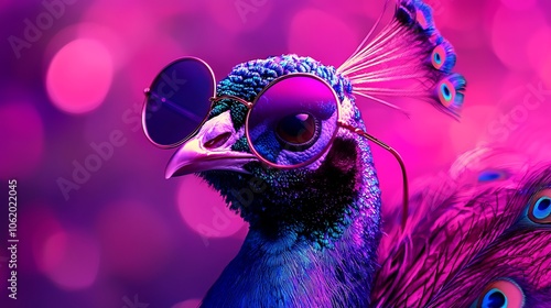 Pink purple peacock bird with sunglasses background.