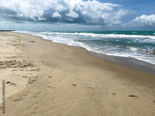 Dhanushkodi Beach, located near Arichal Munai, is known for its pristine sands and clear waters. Dhanushkodi is an abandoned town at the south-eastern tip of Pamban Island of the state of Tamil Nadu photo