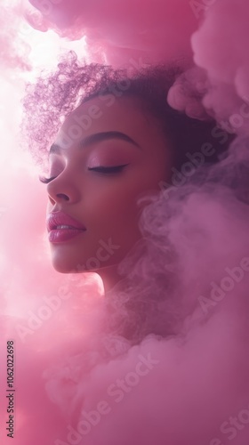 beautiful woman with closed eyes in profile on pink purple smoke background, vertical portrait