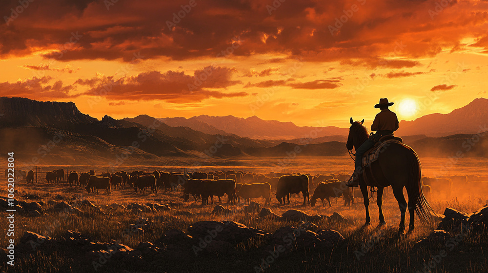 Fototapeta premium Cowboy Riding Horse at Sunset with Cattle Herd in a Wide Open Landscape
