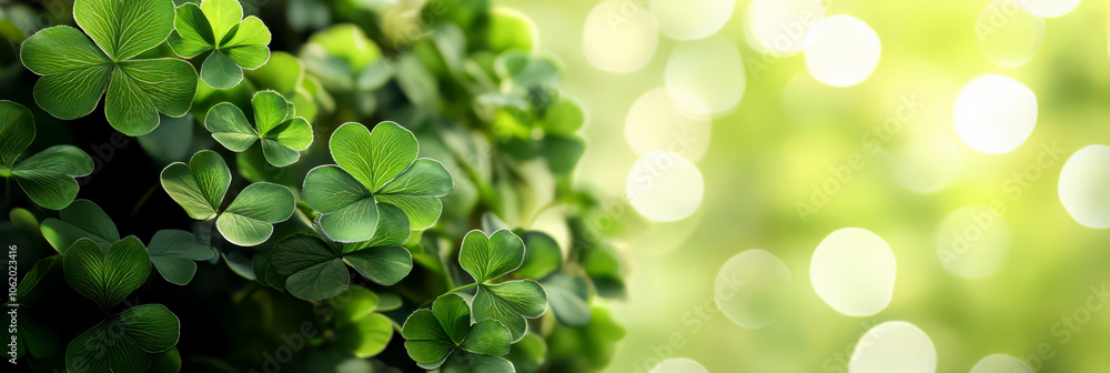 Fototapeta premium Vibrant St. Patrick's day celebration with lush green clovers. Irish traditional holiday. Horizontal banner. Copy space. Template for greeting card, poster, flyer, web, social media