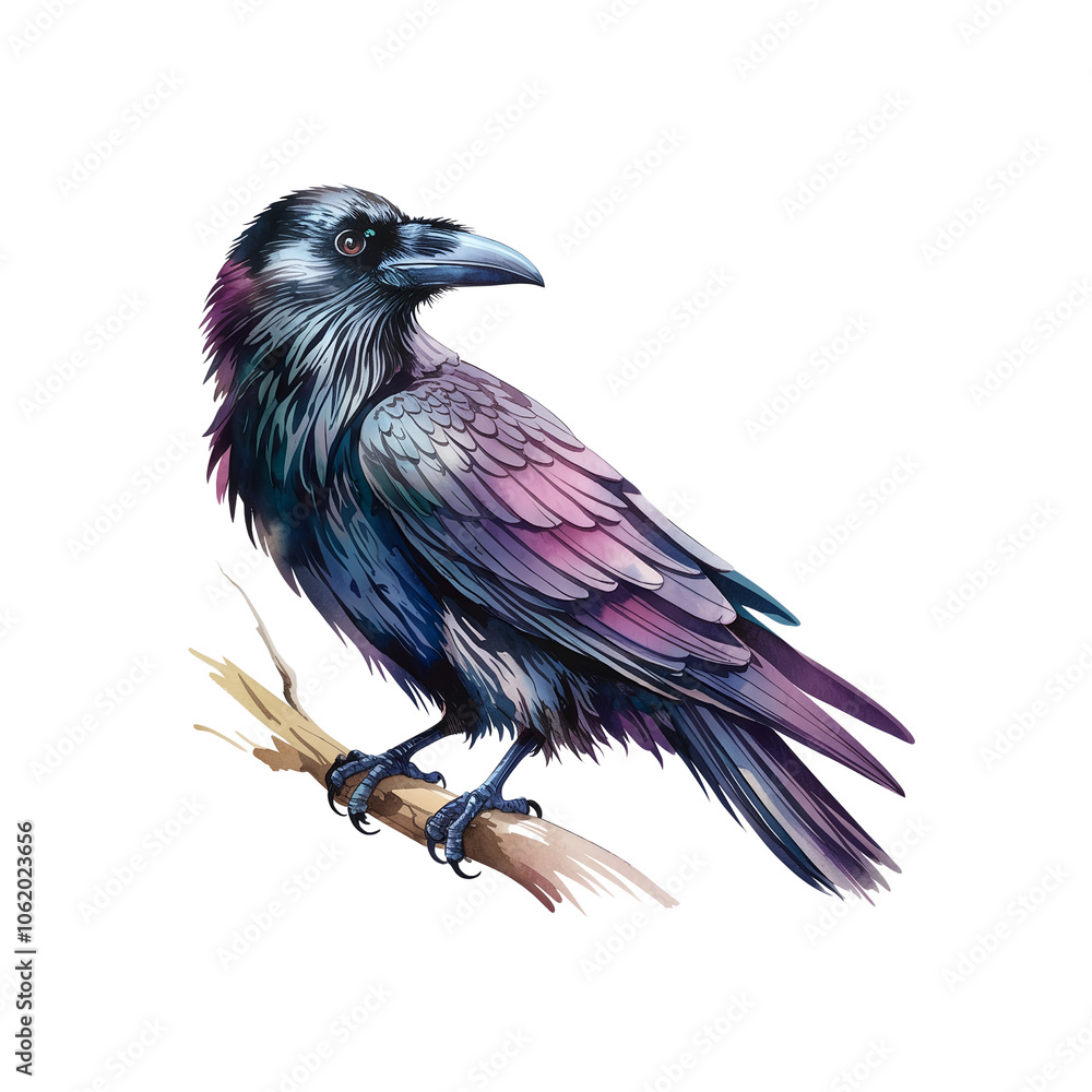 Fototapeta premium Watercolor Raven in Dark Grey and Purple Tones – perfect for fantasy art, gothic themes, and nature illustrations.
