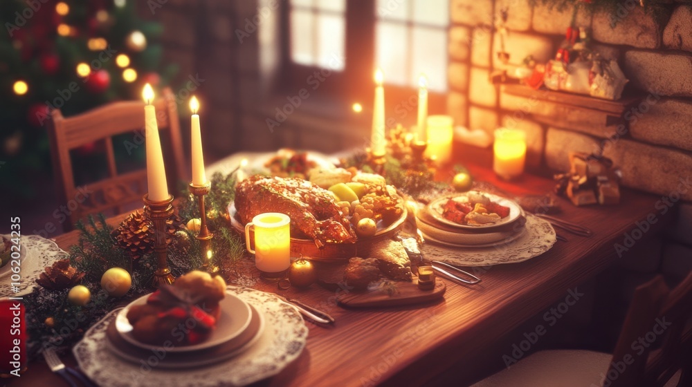 Festive Christmas table with a roast dinner, candles, and decorative place settings for a joyful holiday feast Festive Christmas table with a roast dinner, candles, and decorative place settings for a joyful holiday feast
