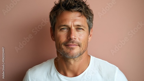 Wallpaper Mural minimalistic portrait of adult caucasian softly smiling man is 40 years old wearing white T-shirt on beige pink color background Torontodigital.ca