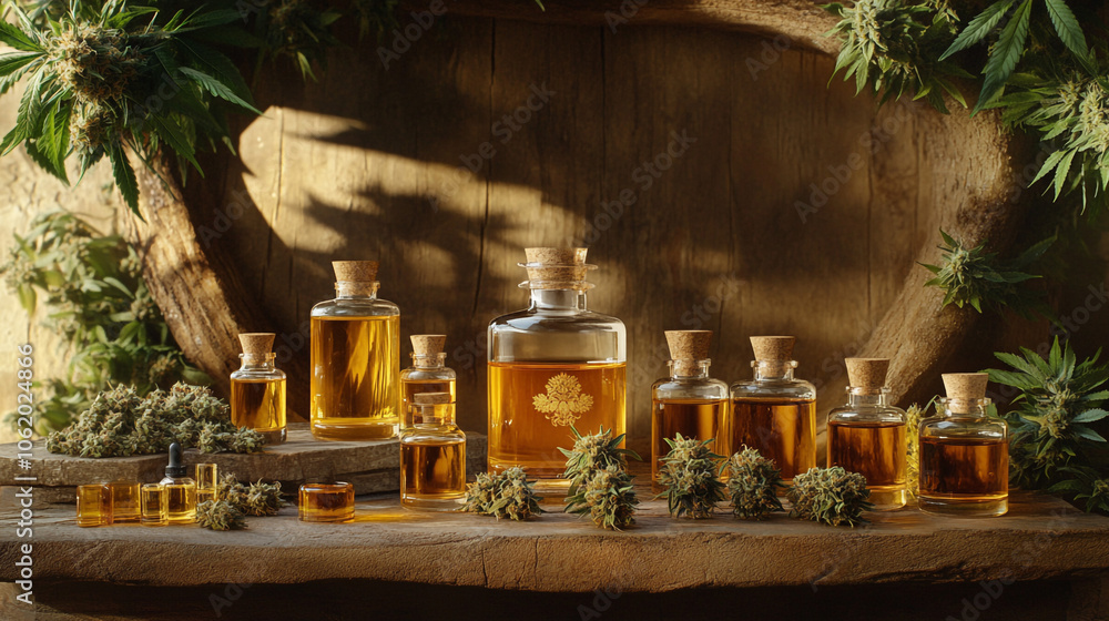 Cannabis Oil Bottles with Buds on Rustic Wood Background Cannabis Oil Bottles with Buds on Rustic Wood Background
