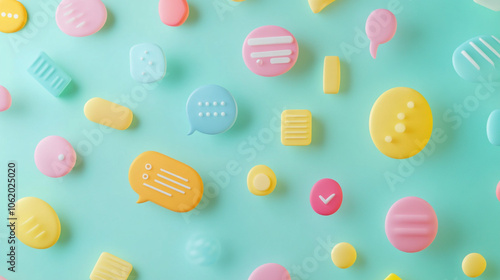 Colorful 3D Shapes and Icons on Turquoise Background