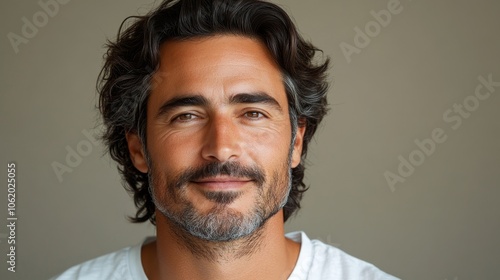 closeup portrait of handsome Turkish softly smiling man is 40 years old wearing white T-shirt on beige color background