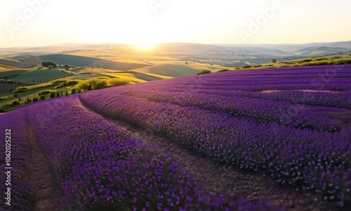 Enchanting Lavender Fields at Sunset in Endless Vibrant Countryside Landscape