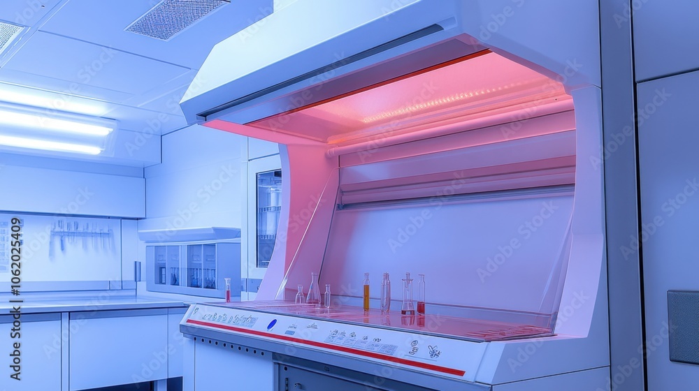 Fume hood with intricate detailing, chemicals in flasks and test tubes, realistic laboratory setting under bright lighting Fume hood with intricate detailing, chemicals in flasks and test tubes, realistic laboratory setting under bright lighting