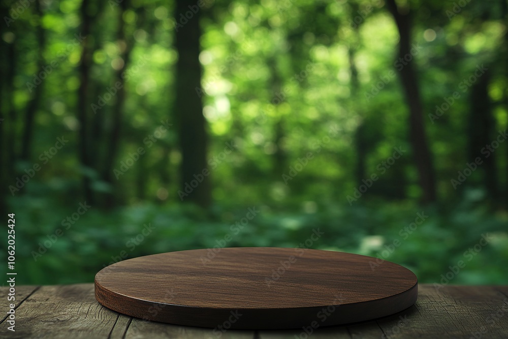 Wooden platform with a blurred background of a forest. Wooden platform with a blurred background of a forest.