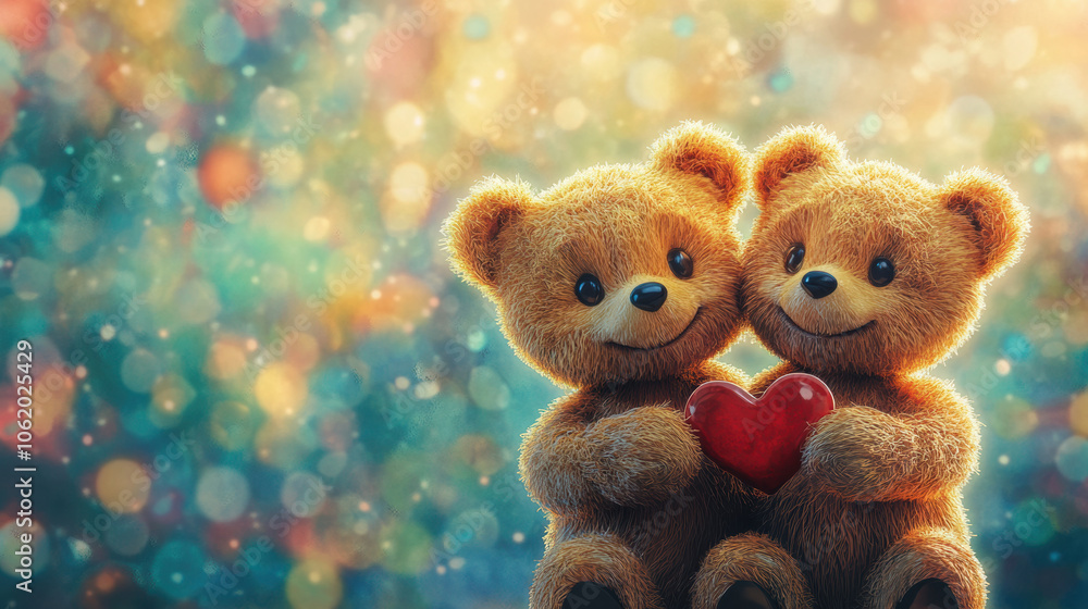 Two happy teddy bears holding red heart, expressing love and friendship Two happy teddy bears holding red heart, expressing love and friendship
