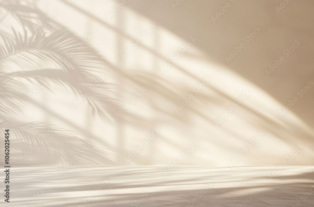 beige background with shadow of palm leaves, window, mockup, product placement background, concrete wall beige background with shadow of palm leaves, window, mockup, product placement background, concrete wall