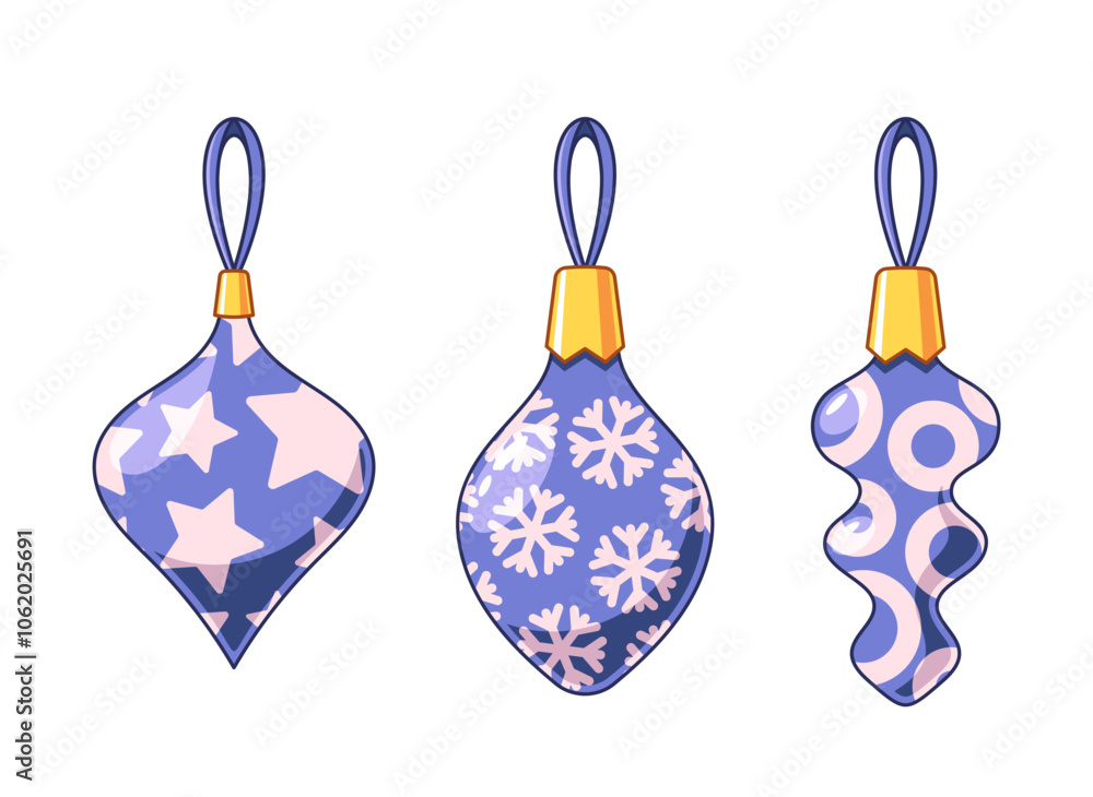 Festive Blue And Pink Christmas Tree Decorations With Three Ornaments Displaying Star, Snowflake, And Abstract Designs Festive Blue And Pink Christmas Tree Decorations With Three Ornaments Displaying Star, Snowflake, And Abstract Designs