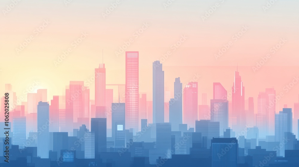 Fototapeta premium Futuristic cityscape at dusk, high-rise buildings with neon lights glowing in a cyberpunk-inspired palette