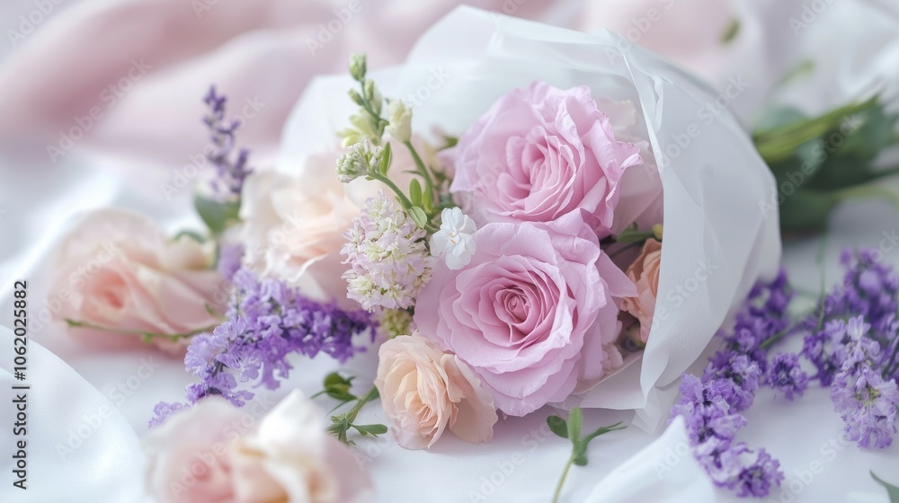 A bouquet of flowers wrapped in white paper, placed on top of the table with light purple and pink colors, surrounded by other delicate pastel-colored flowers, white background A bouquet of flowers wrapped in white paper, placed on top of the table with light purple and pink colors, surrounded by other delicate pastel-colored flowers, white background
