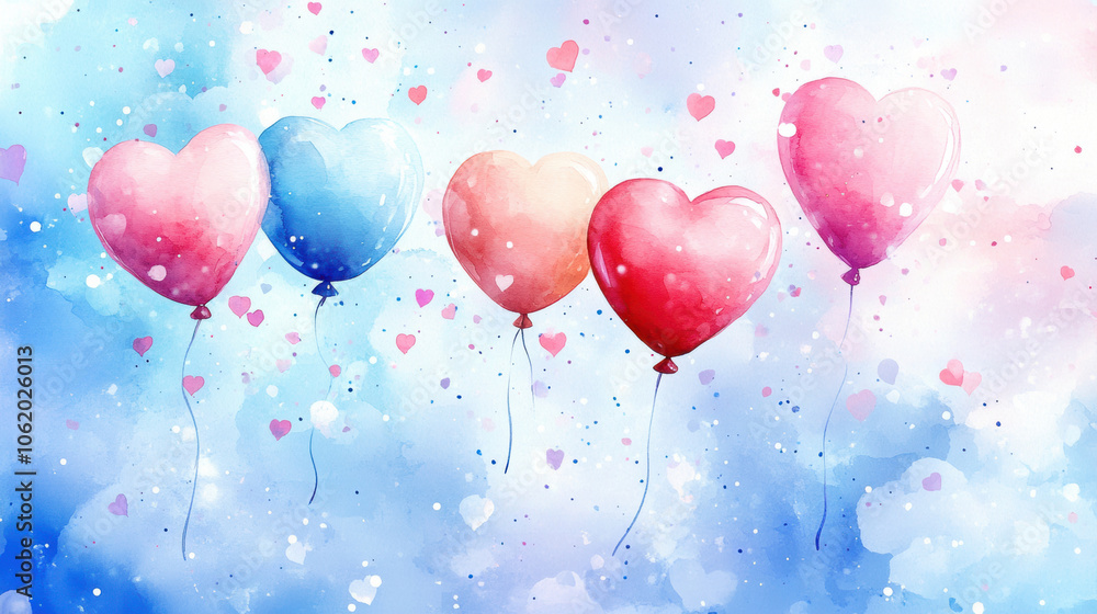 Watercolor illustration of five heart shaped balloons floating in sky, conveying sense of love and joy Watercolor illustration of five heart shaped balloons floating in sky, conveying sense of love and joy