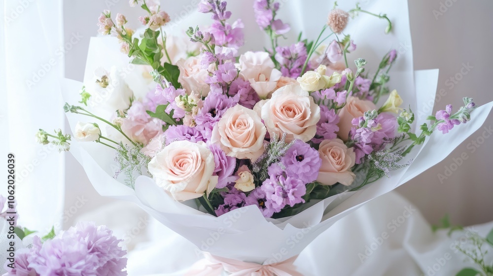 A bouquet of flowers wrapped in white paper, placed on top of the table with light purple and pink colors, surrounded by other delicate pastel-colored flowers, white background A bouquet of flowers wrapped in white paper, placed on top of the table with light purple and pink colors, surrounded by other delicate pastel-colored flowers, white background