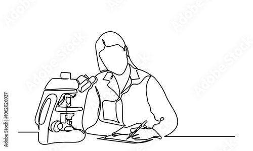 Continuous line drawing of Female Scientist Using Microscope.Medical Development Research Laboratory.A young female researcher working in the lab, with test tube research.Healthcare and medicine 