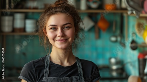 Happy Young Woman in a Rustic Kitchen Setting Surrounded by Vintage Decor and Warm Ambience photo