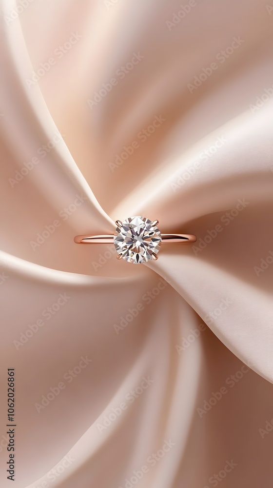 A minimalist product shot of an engagement ring with a rose gold band and round diamond, centered on a soft pastel background. A minimalist product shot of an engagement ring with a rose gold band and round diamond, centered on a soft pastel background.