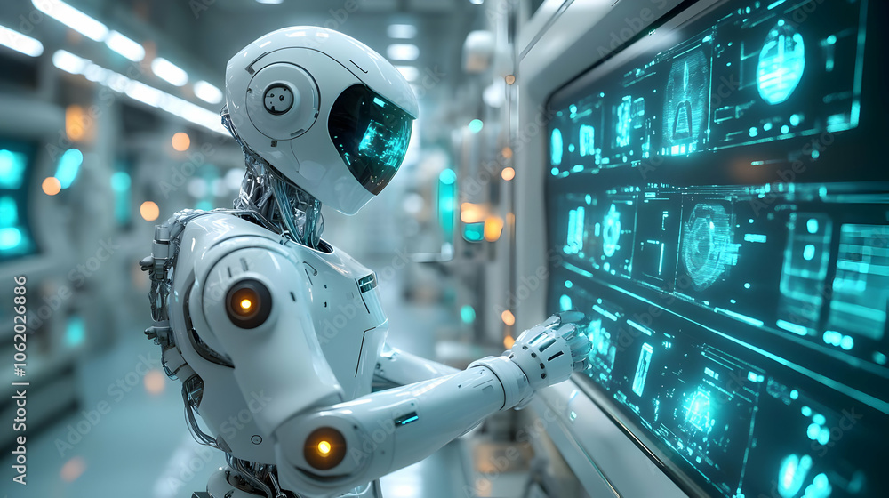 White Robot Interacting with Futuristic Interface 3D Illustration White Robot Interacting with Futuristic Interface 3D Illustration