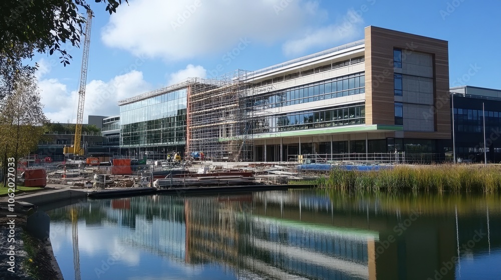 Fototapeta premium Glass and steel architectural masterpiece halfway built, scaffolding and cranes working alongside a reflective lake