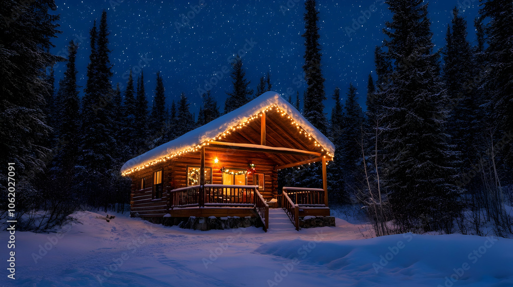 Log cabin in a snowy forest, illuminated with Christmas lights, creating a cozy and festive winter retreat Log cabin in a snowy forest, illuminated with Christmas lights, creating a cozy and festive winter retreat