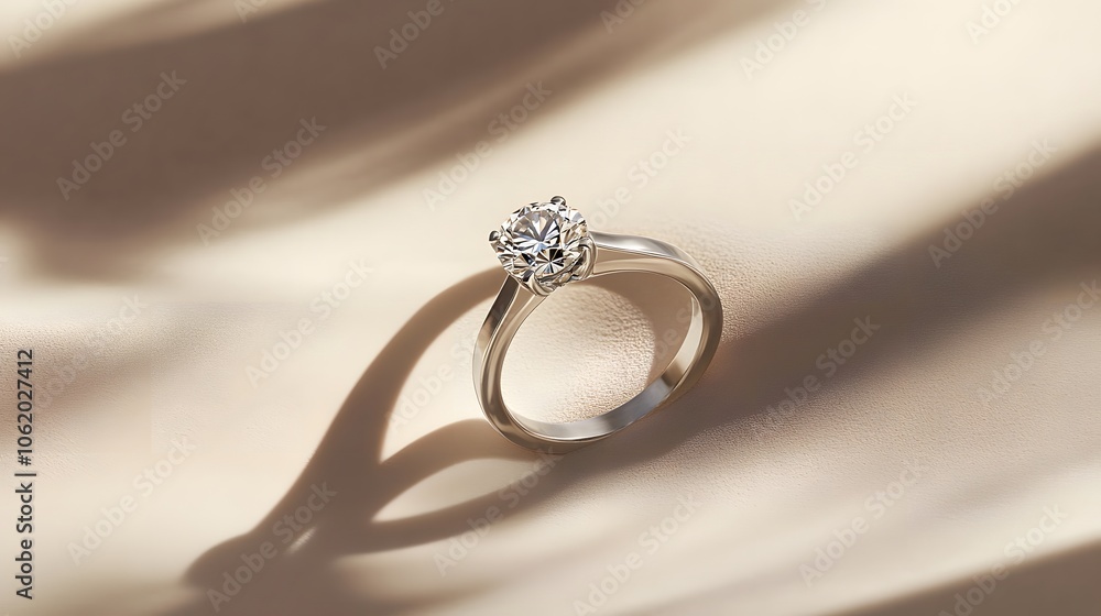 A minimalist product shot of an engagement ring with a rose gold band and round diamond, centered on a soft pastel background. A minimalist product shot of an engagement ring with a rose gold band and round diamond, centered on a soft pastel background.