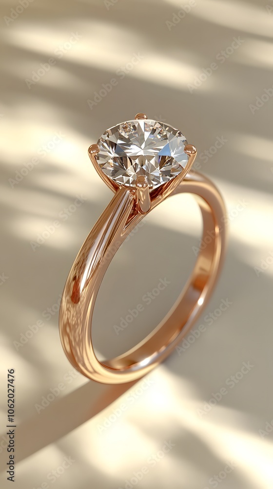 A minimalist product shot of an engagement ring with a rose gold band and round diamond, centered on a soft pastel background. A minimalist product shot of an engagement ring with a rose gold band and round diamond, centered on a soft pastel background.