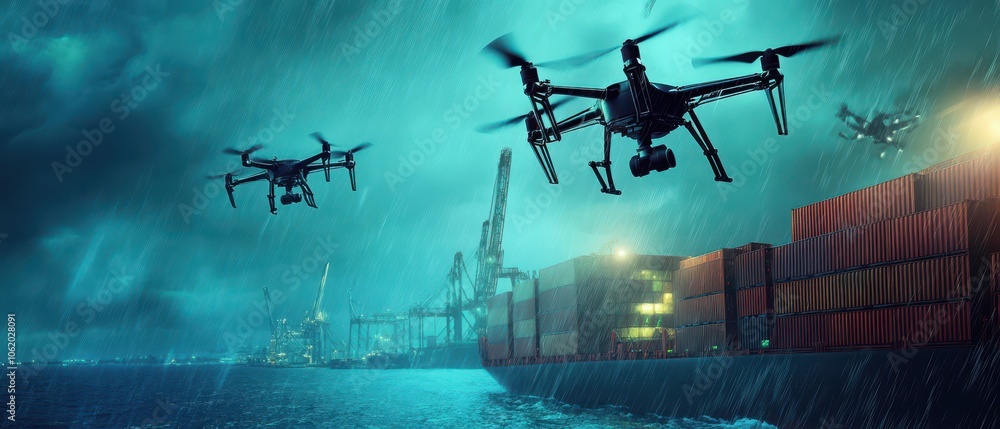 Naklejka premium Drones are flying over a dark, stormy harbor filled with shipping containers, illuminated by artificial lights, hinting at advanced technology in maritime operations.