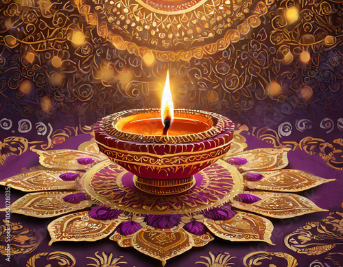 Elegant Diwali celebration card featuring a diya surrounded by intricate designs. Generative AI