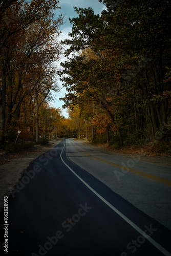 Evening at Presque Isle in Erie, Pennsylvania. Road through the park.