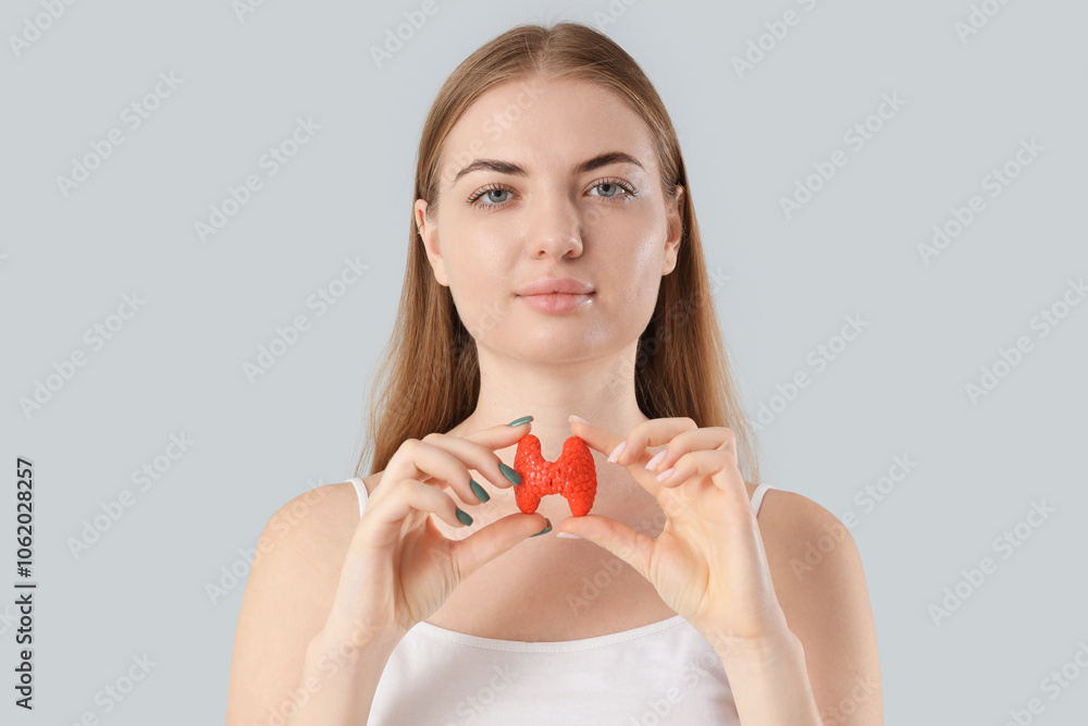 Young woman with thyroid gland model on grey background, closeup Young woman with thyroid gland model on grey background, closeup