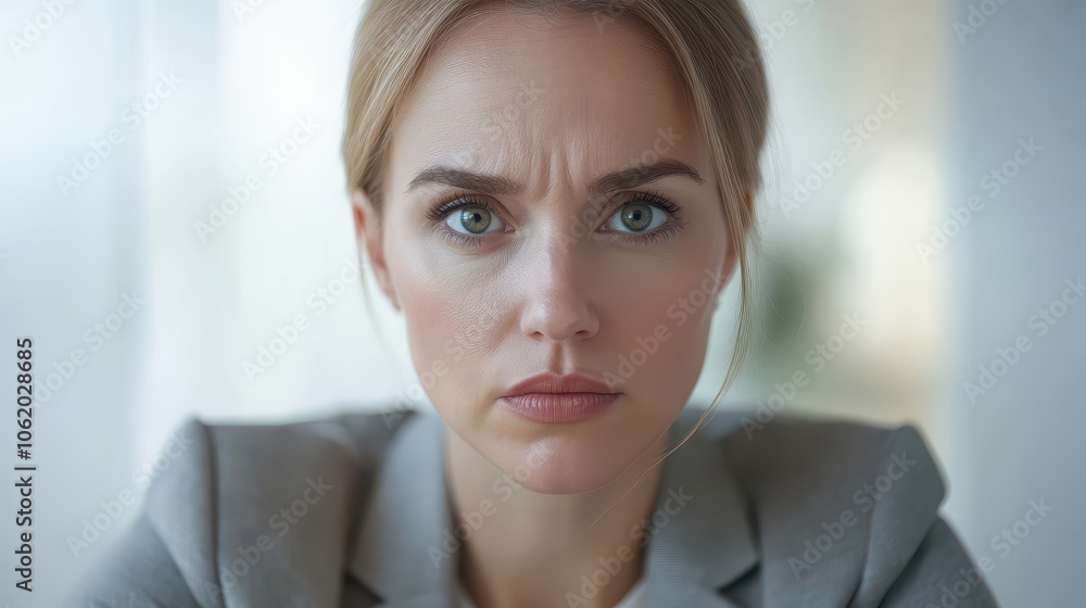 A woman with a serious expression on her face. She is wearing a gray suit and has a white background A woman with a serious expression on her face. She is wearing a gray suit and has a white background