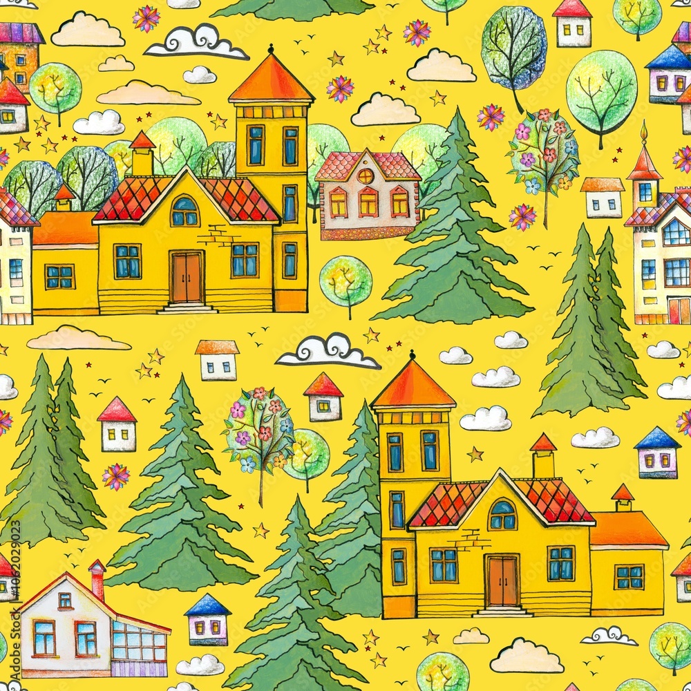 Beautiful landscape hand-drawn with colored pencils with houses, coniferous and deciduous trees, clouds, stars, flowers on bright yellow background. Sweet seamless print for fabric, wallpaper for kids Beautiful landscape hand-drawn with colored pencils with houses, coniferous and deciduous trees, clouds, stars, flowers on bright yellow background. Sweet seamless print for fabric, wallpaper for kids