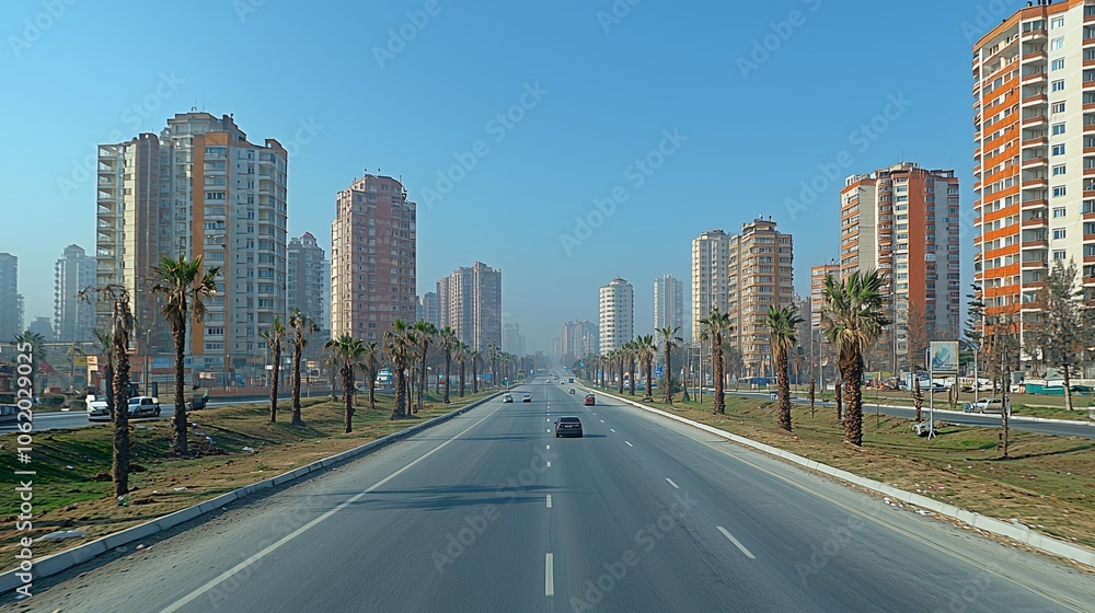 Empty Road with Cityscape and Bright Blue Sky Empty Road with Cityscape and Bright Blue Sky